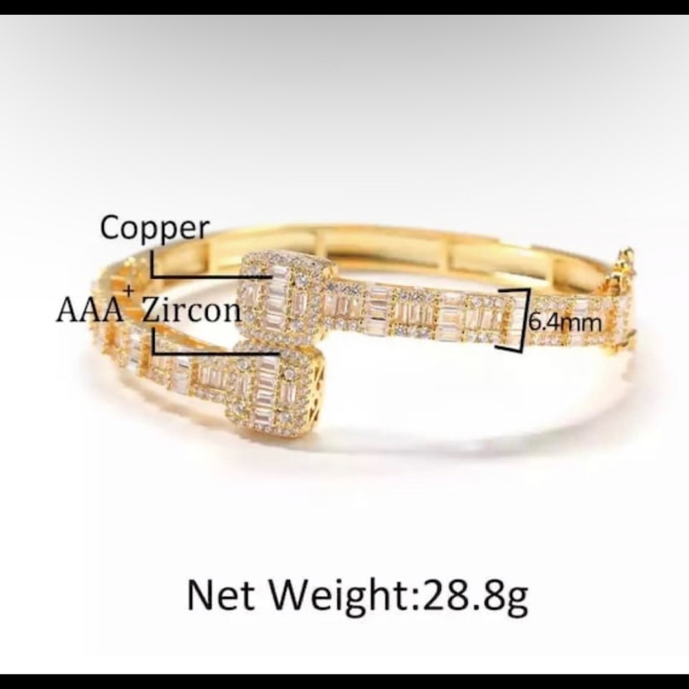 Silver open square silver rhinestone bangle, Baguette cuff bracelet,Opened - Picture 3 of 5